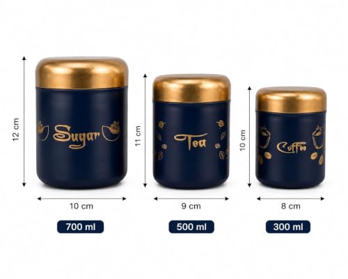 Premium Tea Sugar Coffee Canister Set of 3, Modern Blue Colour with Golden Lids, Stainless Steel Matte Storage Jars, Ideal for Gifting, Dishwasher Safe